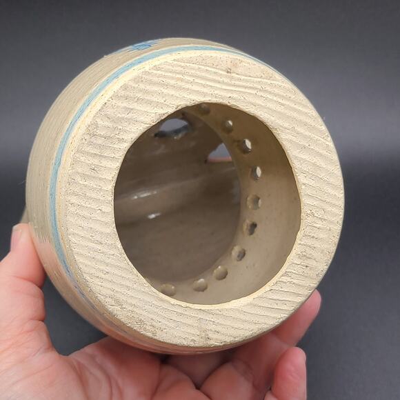 Studio Art Pottery Whimsical Smiling Cat Blue Collar Candle Holder Luminary - Picture 4 of 7